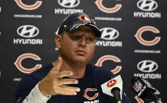 Jul 28, 2022; Chicago Bears offensive coordinator Luke Getsy talks with the media during training camp. Mandatory Credit: Matt Marton-USA TODAY Sports